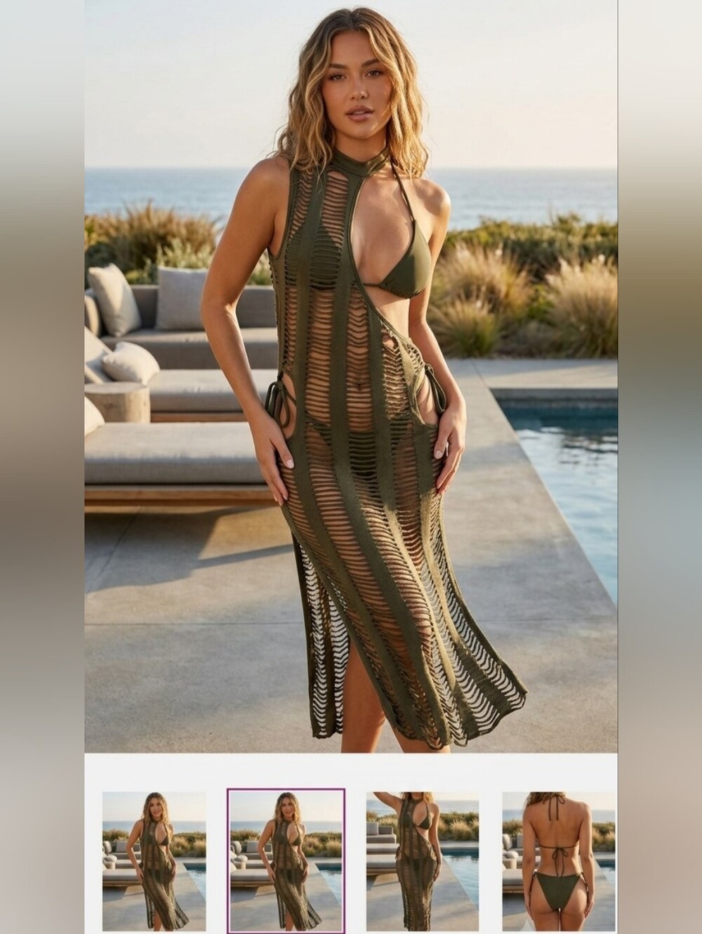 NWT Fashion Nova Olive Green 3-Piece Bikini & Ripped Cutout Cover-Up Set [S]